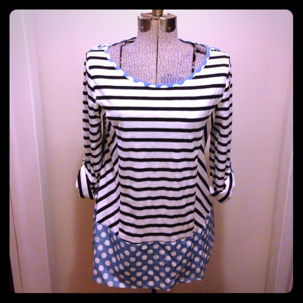 Cristina Top, size large, stripes and polka dots